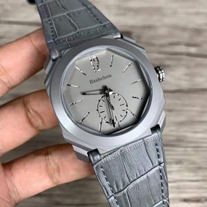 Mens horloges achthoekige grijze gezicht casual titanium kast quartz beweging lederen band 41 mm polshorloges Montre de Luxe