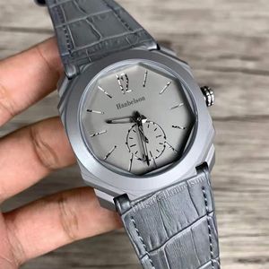 Herenhorloges Achthoekig Grijs gezicht casual Titanium kast Quartz uurwerk Leren band 41mm Horloges montre de luxe280b