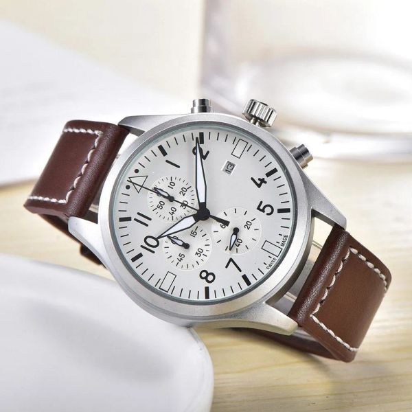montres pour hommes mouvement à quartz montre pilote six aiguilles tout cadran travail chronomètre montre-bracelet bracelet en cuir boîtier en acier inoxydable horloge étanche montre de luxe 01