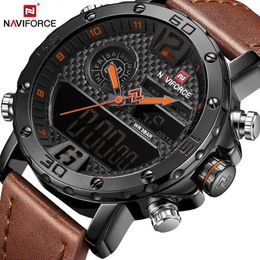 Montres pour hommes à la marque de luxe hommes en cuir sport NAVIFORCE Quartz LED horloge numérique étanche montre-bracelet militaire 240202