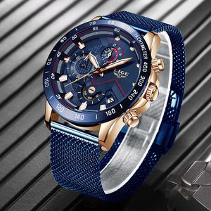 Montres pour hommes Top Marque De Luxe LIGE Tout En Acier Mesh Ceinture Bleu Montre Hommes Étanche Sport Chronographe Casual Quartz Horloge 210527