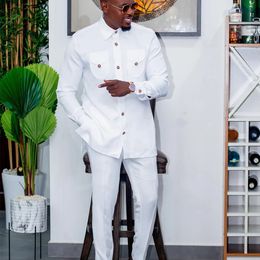 Robe de mariée pour hommes, costume à simple boutonnage, chemise deux pièces, couleur unie, manches longues, vêtements de Style National africain social, 240305
