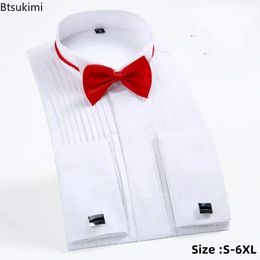 Heren Bruiloft Club Overhemden met Bowtie Slim Fit Solid Wing Tip Kraag Tuxedo Shirt Lange Mouw Mannelijke Tops 240219