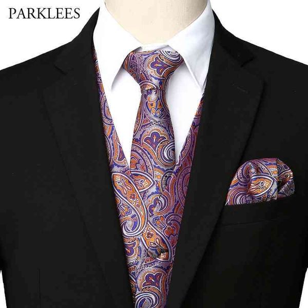 Mens Wedding Party Chaleco Hombres 3 unids Chaleco Corbata Pañuelo Conjunto Marca Elegante Paisley Vestido Chalecos Chaleco Hombre 210522