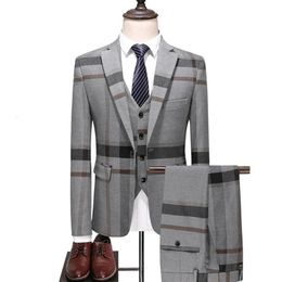 Heren Wedding Plaid Blue Gray Blazers Jacket Pants Vest 3 PCS Set Slim Fit Business Tuxedo Dress Classic Formal Suits Coat 240422