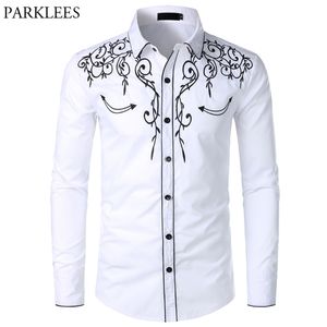 Camisa de vaquero occidental para hombre Elegante bordado Slim Fit Fiesta de manga larga Hombres Diseño de marca Banquete Botón abajo Hombre 210721