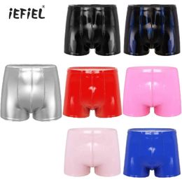 Mens Wetlook Patent Leather Board Shorts Bulge Pouch Boxer Briefes Pool Party Latex Nightclub Clubwear Skinny Short Pants 240328