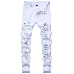 Hommes blancs noir trous en détresse jeans skinny pantalon en denim entièrement long