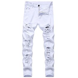 Heren wit zwart noodlijdende gaten skinny jeans volledige lengte denim broek street style broek Whole275H