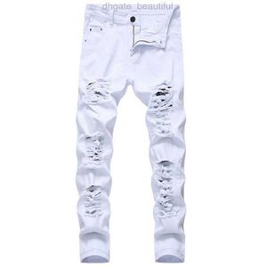 Jeans skinny pour hommes, blanc, noir, trous en détresse, pantalon en Denim pleine longueur, pantalon de Style de rue, vente en gros