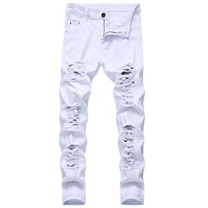 Heren wit zwart noodlijdende gaten skinny jeans volledige lengte denim broek street style broek Whole280I