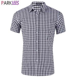 Mens White Black Plaid Shirt Merk Korte Mouw Standaard-Fit Business Formele Shirt Mannen Button Up Geruit Casual Shirt 210522