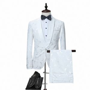 Heren Witte Bloemen Een Butt Suits Party Bruiloft Bruidegom Tuxedos Bruidsjonkers 2 Stuk Jasje + Broek Mannelijke Kostuum Mariage homme n21v #