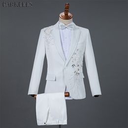 Mens White Floral Sequin 2 Pieces Jurk Pak (jas + Broek) One Button Notched Revers Bruiloft Bruidegom Tuxedo Pak Mannelijke Traje Hombre 210522