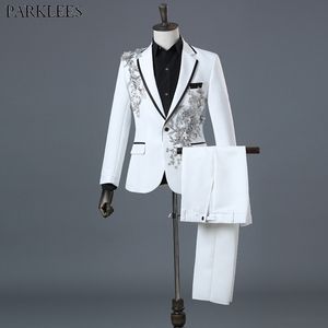 Hommes Blanc Floral Sequin 2 Pièces Costumes (Vestes + Pantalons) Slim Fit Un Bouton De Mariage Groom Tuxedo Costume Homme Costume Mariage Homme 210522