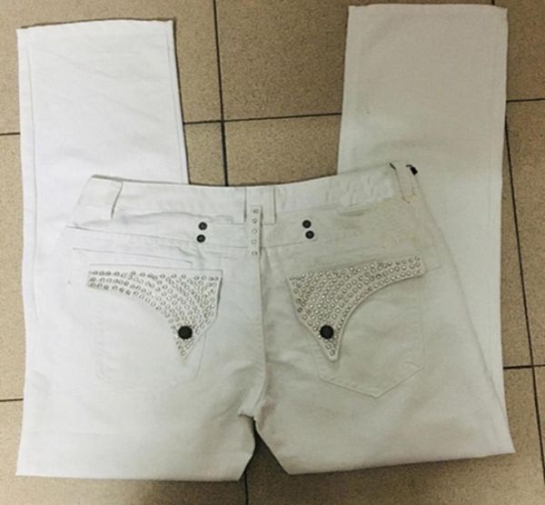 Jean Robin blanc pour hommes avec clous et cristaux, Clips à ailes dorées, pantalon en Denim, coupe droite régulière, taille 304257096295880611