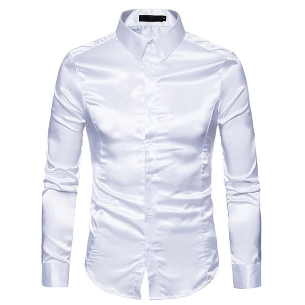 Hommes Blanc Chemise En Soie De Mode Satin Hommes Social Casual Slim Fit À Manches Longues Robe s Mâle Camisa Masculina 210809