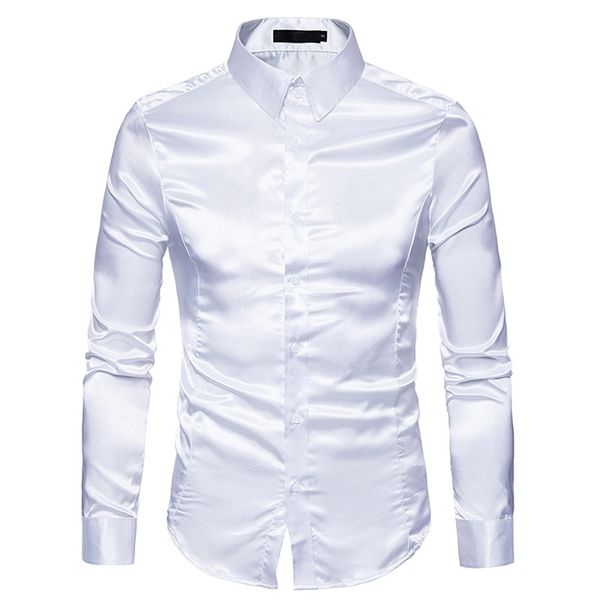 Mens White Silk Shirt Fashion Satin Men Social Casual Slim Fit Robe à manches longues s Male Camisa Masculina 210721