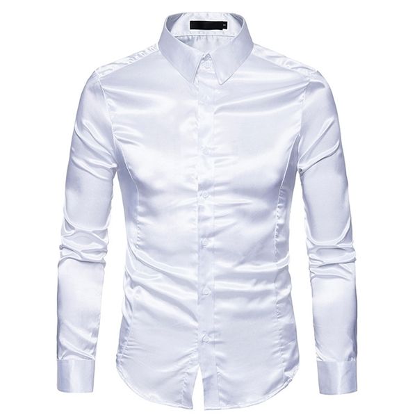 Hommes Blanc Chemise En Soie De Mode Satin Hommes Social Casual Slim Fit À Manches Longues Robe s Homme Camisa Masculina 220322
