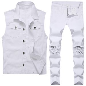Heren Wit Tweedelig Pak Mode Trainingspakken Slanke Verzwakte Revers Denim Vest + Skinny Gescheurde Broek Lente Sumer Herfst Jeans Set B6Q5