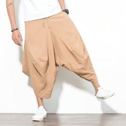 Pantalones bombachos con pernera ancha para hombre, pantalones casuales de algodón para correr, pantalones lisos holgados Retro, pantalones largos hasta la pantorrilla de Hip-hop con entrepierna caída para hombre, S-4XL 2018