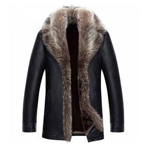 Manteau de fourrure hommes veste en cuir noir pour hommes manteau d'hiver veste en cuir véritable col de fourrure de raton laveur chaud épaississement hauts grande taille 4xl 5xl 2023