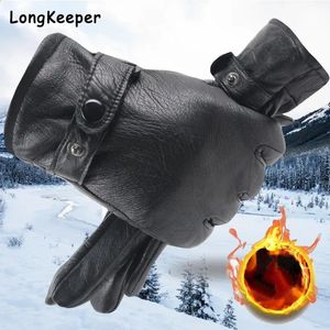 Gants d'hiver pour hommes pour hommes polaire épaissir chaud gants de doigt complet en peluche imperméable sport moto cyclisme mitaines noires 240201
