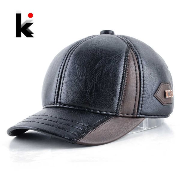 Casquette en cuir d'hiver pour hommes patchwork chaud papa chapeau casquettes de baseball avec oreillettes russie réglable snapback chapeaux pour hommes casquette Q0911