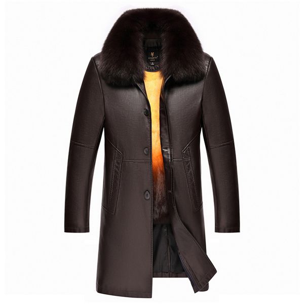 Chaqueta de cuero de invierno para hombre Cuello de piel de zorro Abrigos largos de piel de conejo Sudaderas con capucha Chaquetas cortavientos para exteriores Ropa de abrigo gruesa y cálida Tops de nieve L-4XL