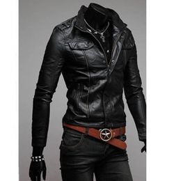 Veste d'hiver en cuir PU pour hommes, mode moto veste en cuir PU Cool poches zippées manteaux en cuir vêtements