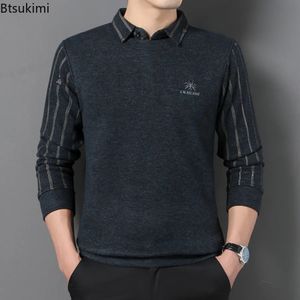 Heren Winter verdikte nep tweedelig Polo -shirts Tops modebedrijf Casual streep Warm pullover bodem voor mannen 240113