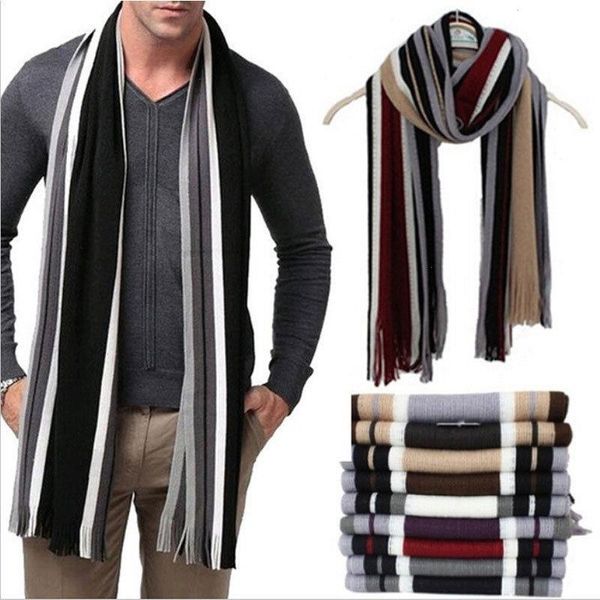 Bufanda de cachemira cálida de invierno para hombre, clásica, a rayas, de negocios, con borla larga, de punto, negro, gris, rojo, beige, azul marino