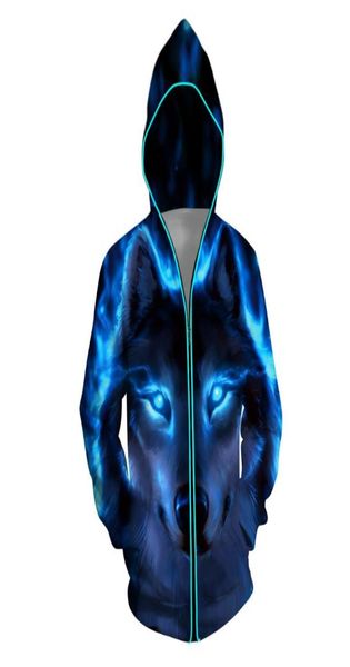 Hommes Femmes Coloré Brillant Manteau 3D Loup Animal Imprimé Led Lumineux Fermeture Éclair Top Blouse Style Punk À Capuche Sudaderas Con Capucha2907347