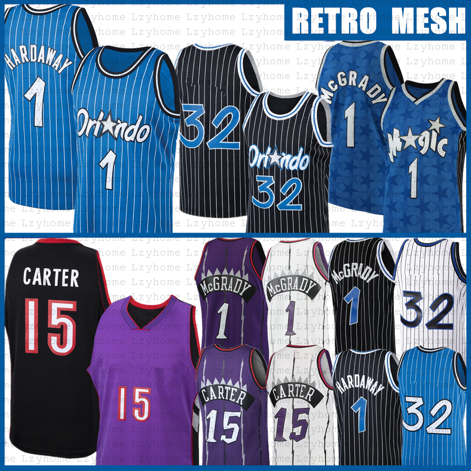 Vintage Tracy 1 McGrady Penny Hardaway Basketbol Formaları 15 Vince Carter Magics Jersey Erkek Gençlik Siyah Mavi Mor Beyaz Retro Örgü Gömlek