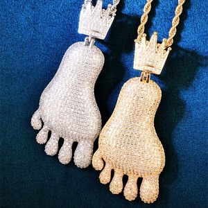 Mens vrouwen nieuwe mode ketting goud vergulde volledige glanzende cz stenen grote voeten hangende ketting met 3 mm 24inch touwketen mooi geschenk