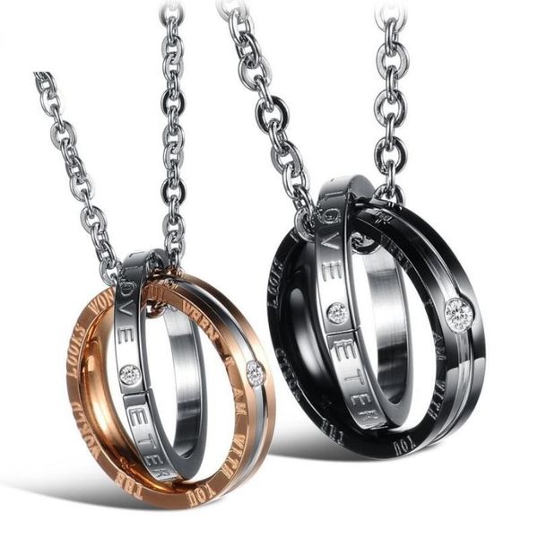 Acier inoxydable Double Cercles Pendentif Couple Collier Noir Or Rose Plaque CZ Diamant Amour Bijoux pour Hommes Femmes Vente