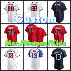 Heren Dames Jeugd Ronald Acuna Jr. Jerseys 13 City Connect Austin Riley 27 Matt Olson Ozzie Albies Fred McGriff Harris II Spencer Strider gestikte Baseball Jerseys kinderen