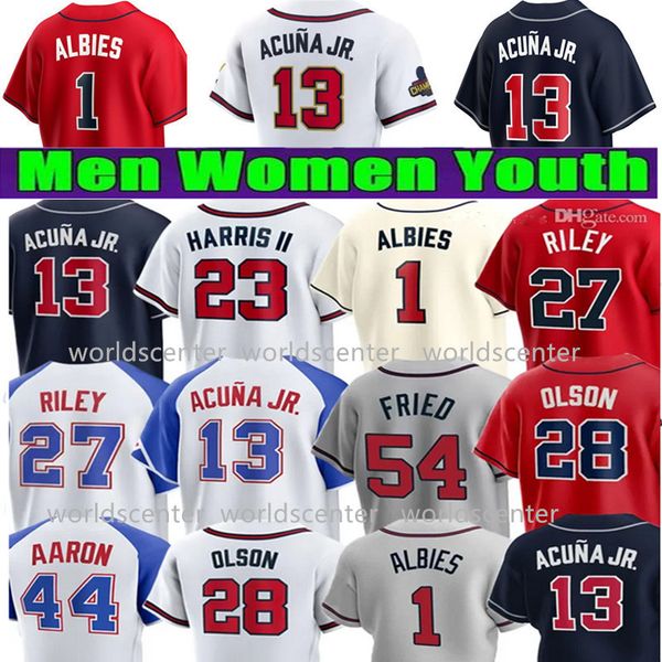 MENS FEMMES JEUNES RONALD ACUNA JR. Jerseys 13 City Connect Ozzie Albies Austin Riley 27 Matt Olson Michael Harris II Spencer Strider Blue Kids Cousée Baseball Jerseys