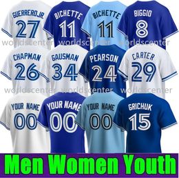 Heren dames jeugd Vladimir Guerrero Jr. Jerseys 11 Bo Bichette 27 4 George Springer gestikt kinderen blauw wit rood Baseball Jerseys