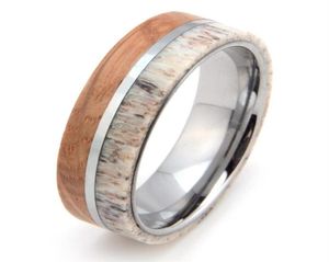 Heren dames 8 mm wolfraamcarbide ring herten gewei en whisky vat hout inlay trouwband comfort fit maat 713 inclusief halve siz1055942