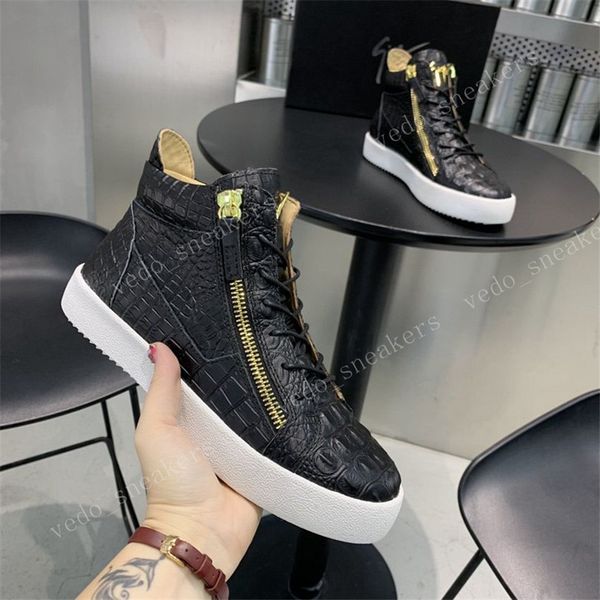 Hommes Femmes Casual Chaussures Crocdile Snake Leather avec Zipper Metallic Embossed High Cut Boot Designer Black Gold Sneakers Lace Up Trainers Chaussures rxcfxqssz