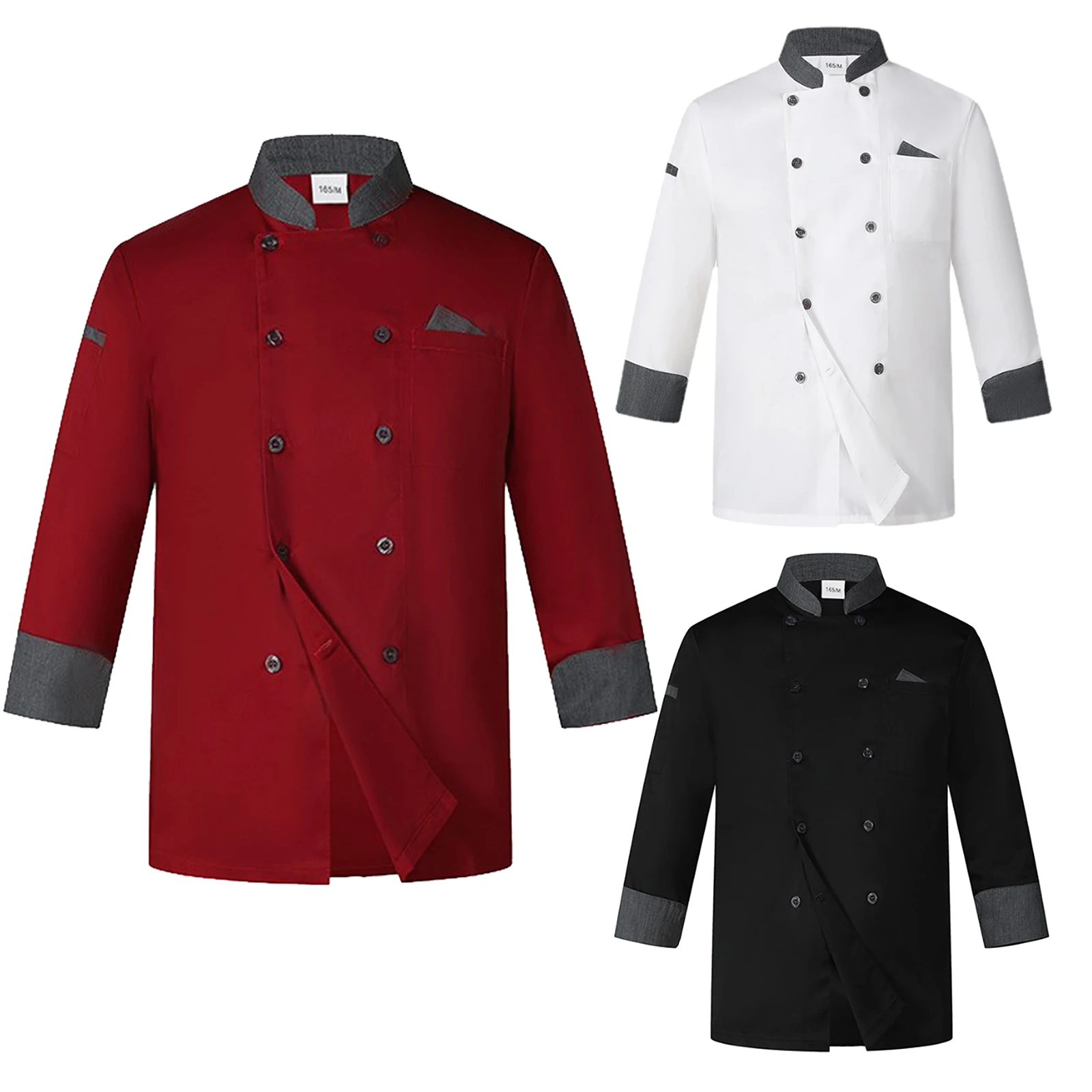 Mens Womens Chef Shirt Unisex Double-Breasted Chef Coat Stand Collar Long Sleeve Cook Jacket Restaurant Hotel Kitchen Uniform