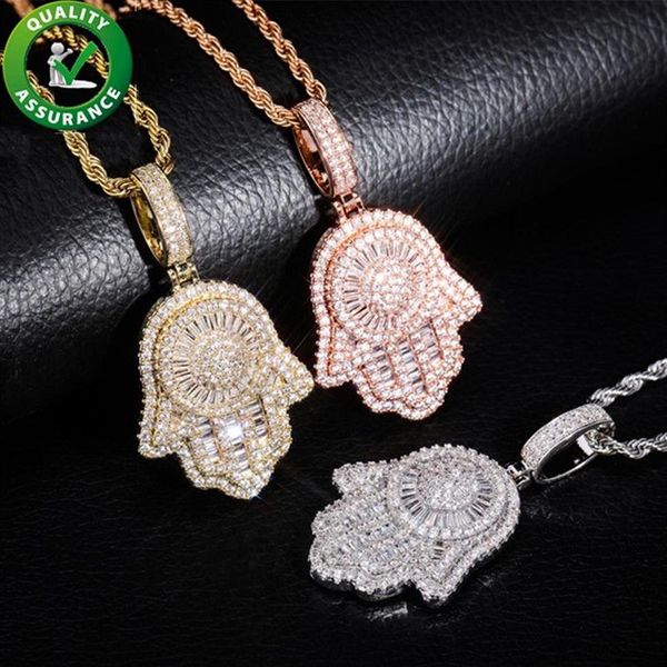 Hip Hop pour hommes et femmes, plaqué or 14 carats, Micro pendentif mains de Hamsa glacé avec 24 chaînes de corde, colliers, bijoux hip hop Diamo246C