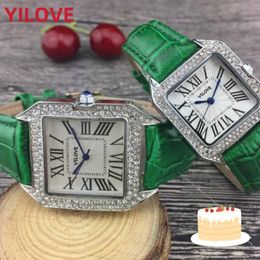 Mens Womens Japon Quartz Imported Mouvement Montre 33mm 27mm Diamants Premium Horloge Étanche Bracelet En Cuir Véritable Cadran Carré Montre De Luxe Montres-Bracelets