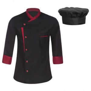 Hommes Femmes Lg Manches Chef Veste Manteau Tops Cuisine Restaurant Hôtel Service Alimentaire Vêtements De Travail Unisexe Cuisiniers Uniforme avec Chapeau S3b7 #