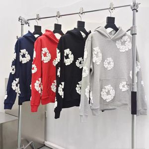 Sudadera con capucha con diseño de lágrimas de mezclilla para hombre Sudadera floral de algodón original Sudadera con capucha con estampado de letras bordadas para mujer Suéter de hip hop de moda americana unisex