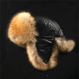 Chapeau en vraie fourrure de renard et cuir véritable pour hommes et femmes, couvre-oreilles de Ski, Ushanka russe, chaud d'hiver, aviateur, trappeur, bombardier, Cap2488