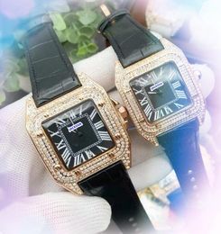 Heren dames vierkant Romeinse Arabische cijfers Tank Simple Dial Watch Kwarts Tijd klok koe lederen riem paren zakelijke vrije tijd diamanten ring horloges geschenken