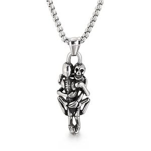 Hommes Femmes En Acier Inoxydable Vintage Étreignant Crâne Squelette Pendentif Amour Gothique Collier Rolo Chaîne 3mm 24 pouces