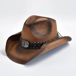 Heren dames vintage westerse cowboy hoed handgemaakte stro weef strandzon hoed gentleman lady cowgirl jazz hoed 240312